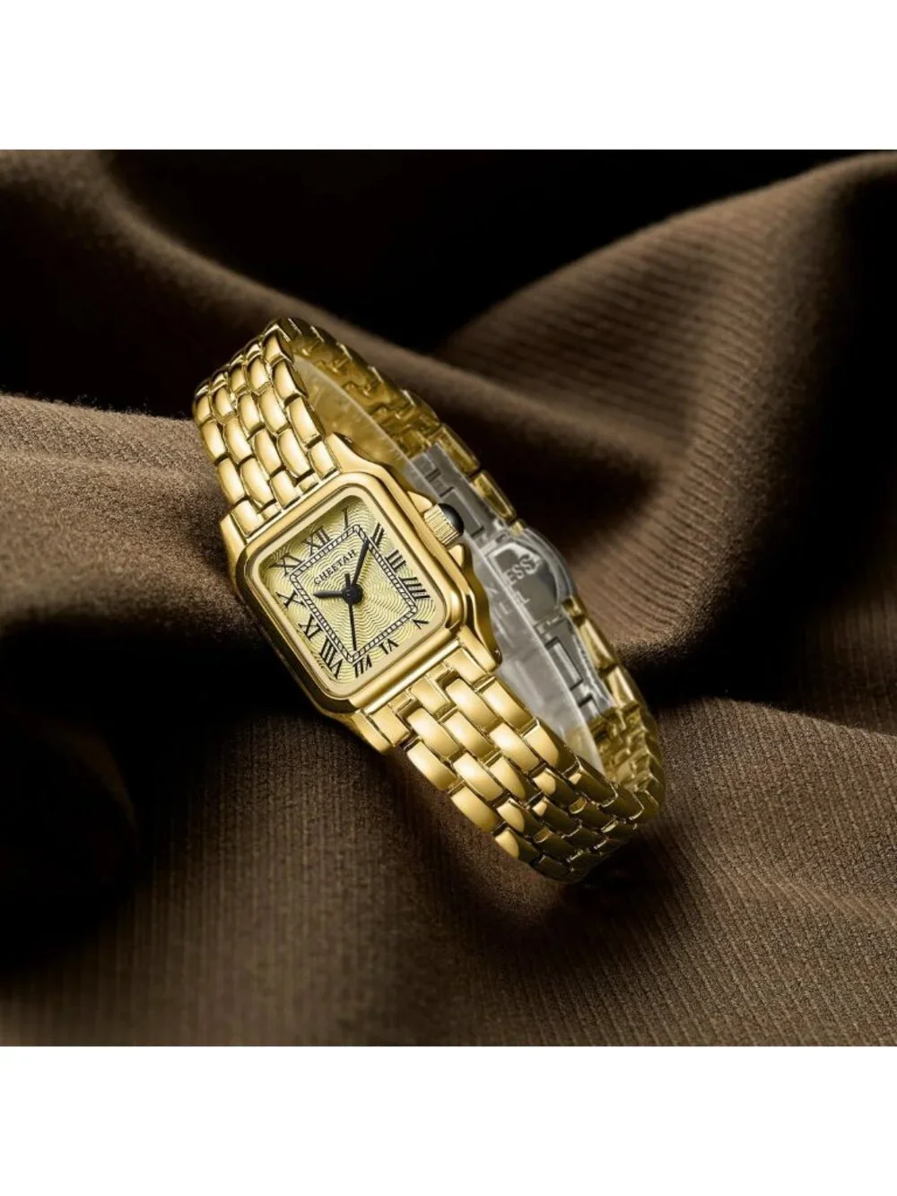 Vintage Cheetah Gold Watch for Women, Small Rectangular Roman Dial Bracelet